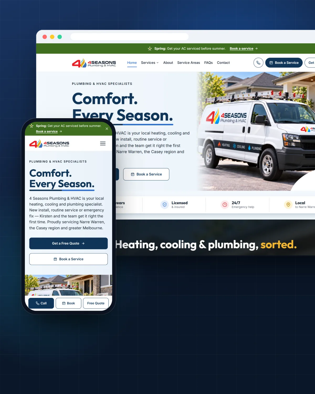 The 4 Seasons Plumbing & HVAC website on a desktop browser and a phone